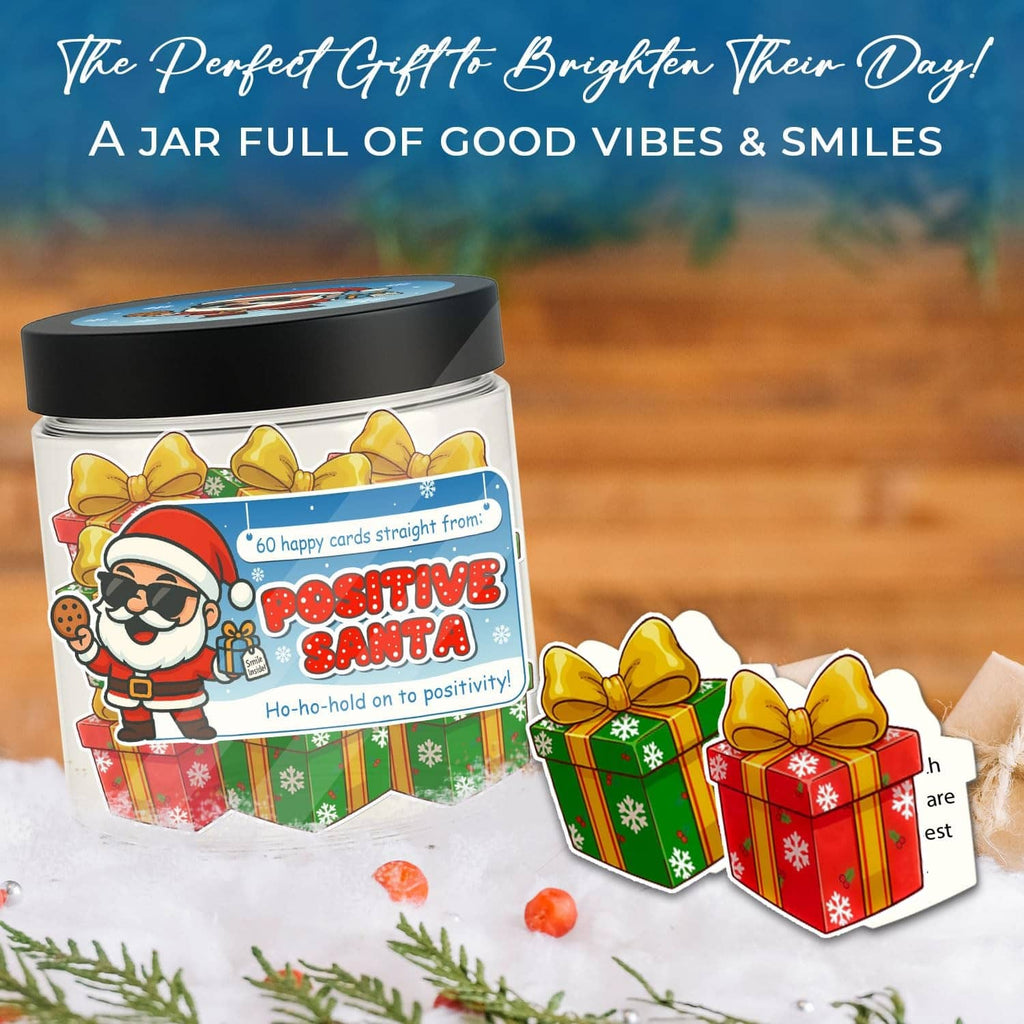 Santa-themed card jar with bow-topped gift card cutouts and colorful label