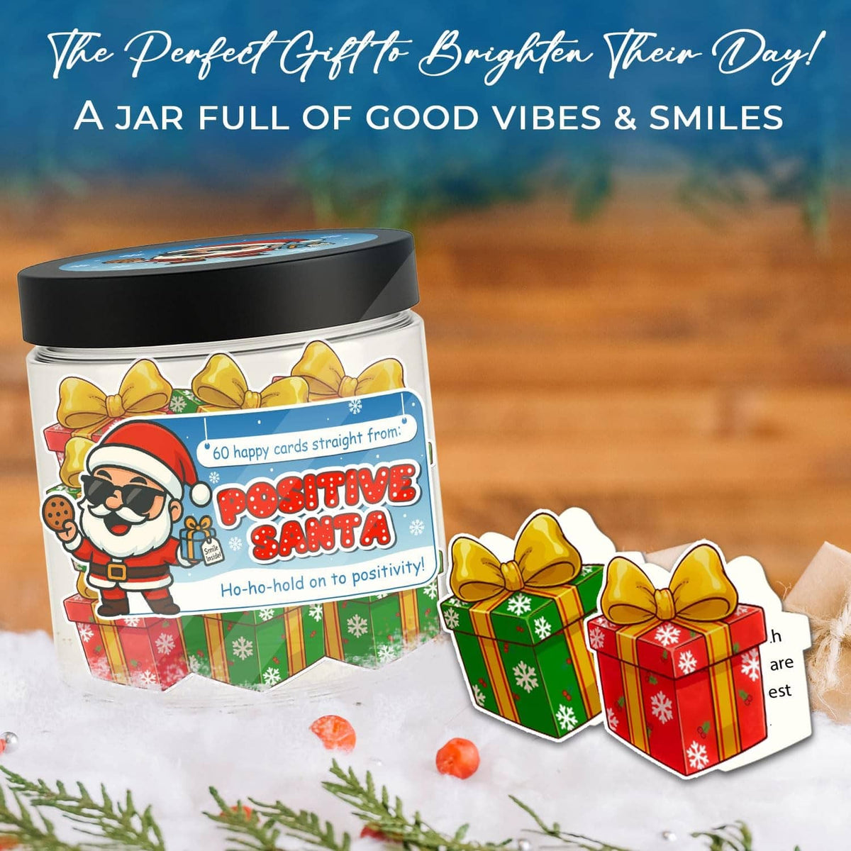 Santa-themed card jar with bow-topped gift card cutouts and colorful label