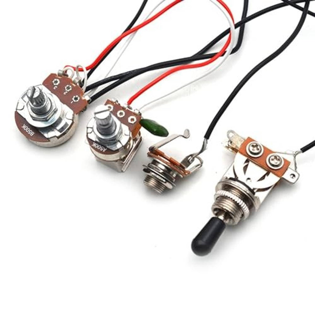 Guitar wiring harness kit with potentiometers, push-pull switch, and output jack plug