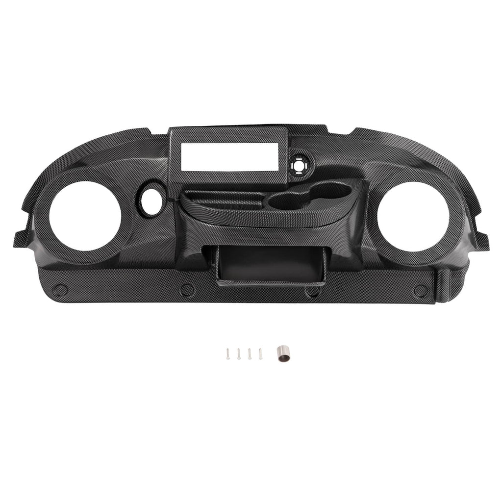 Golf cart radio dashboard cover with carbon-fiber pattern, screen slot, and speaker holes.