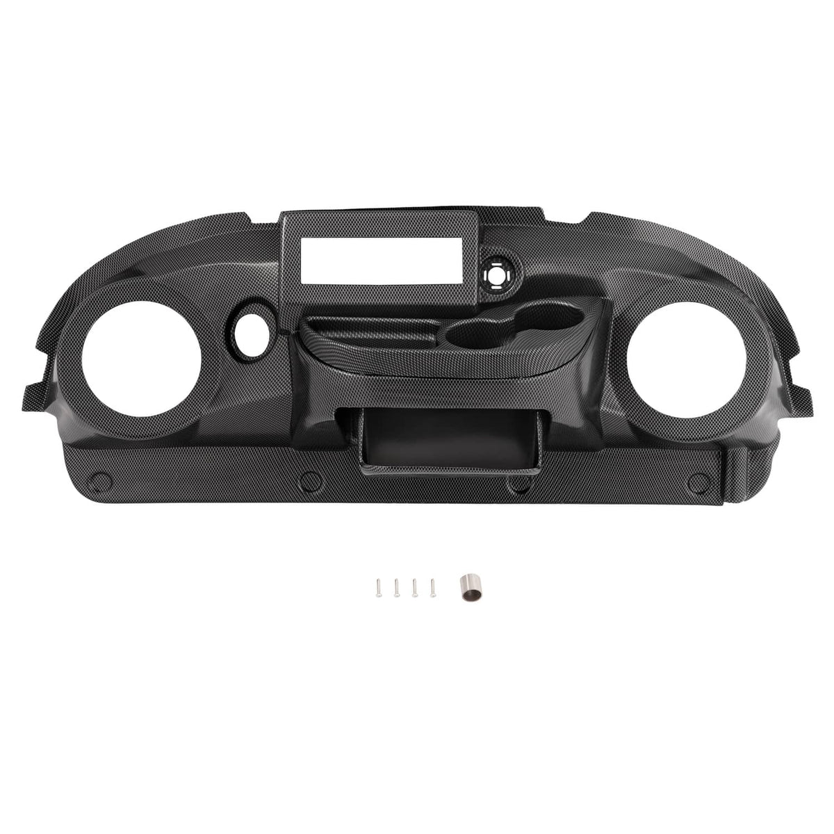 Golf cart radio dashboard cover with carbon-fiber pattern, screen slot, and speaker holes.
