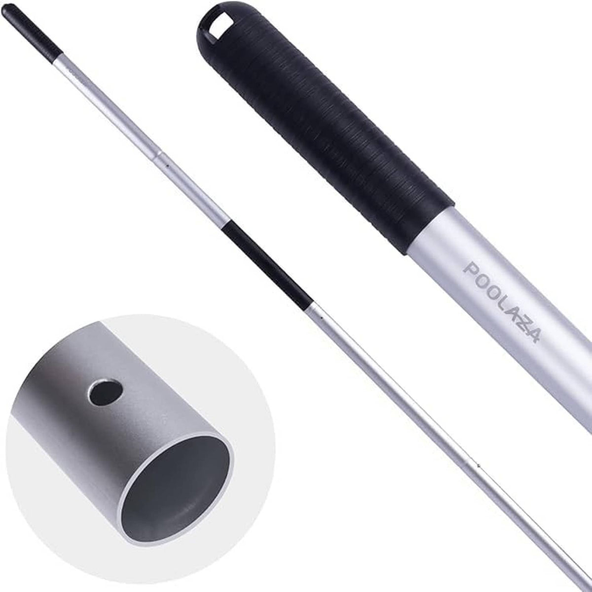 Aluminum telescopic pool pole with black grip and POOLAZA connector sleeve
