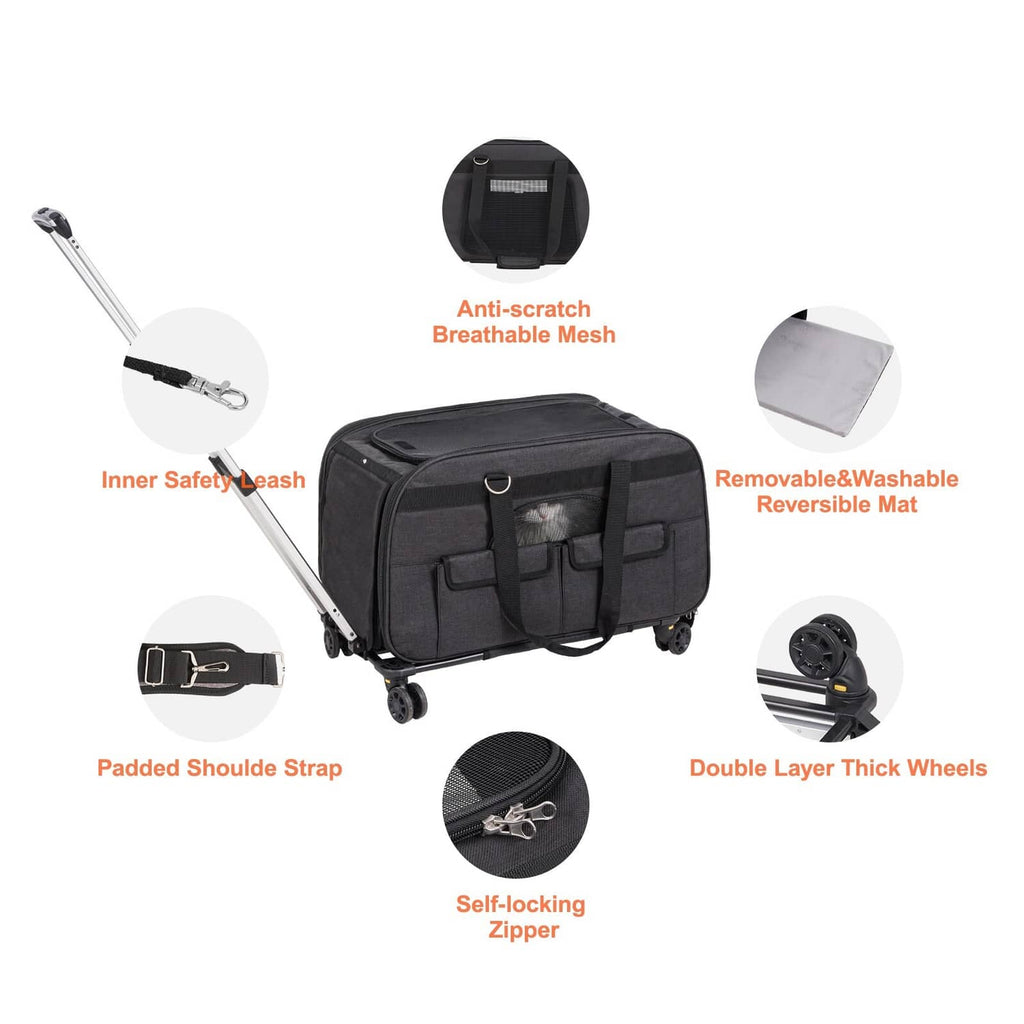 Black wheeled pet carrier with front mesh window, self-locking zipper, and safety leash