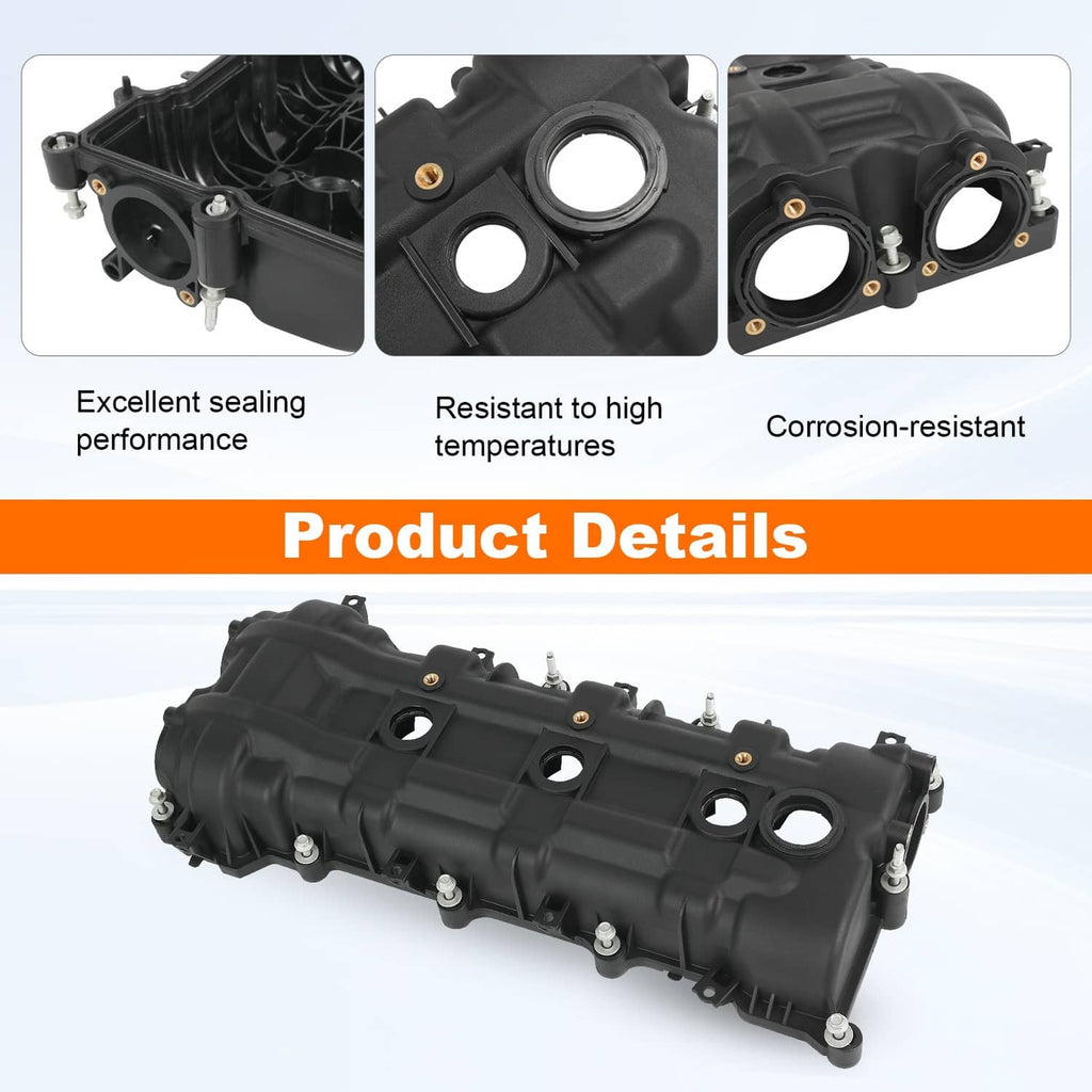 Black engine valve cover assembly with circular ports and metal mounting bolts