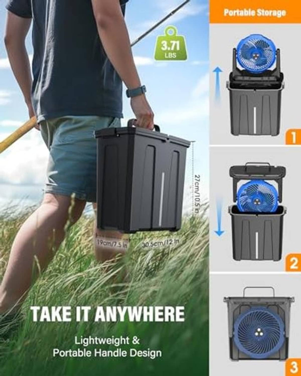 Portable misting fan with blue fan grille and black bucket storage design with handle