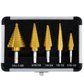 Five-piece gold step drill bit set with silver storage case, stepped cutting edges