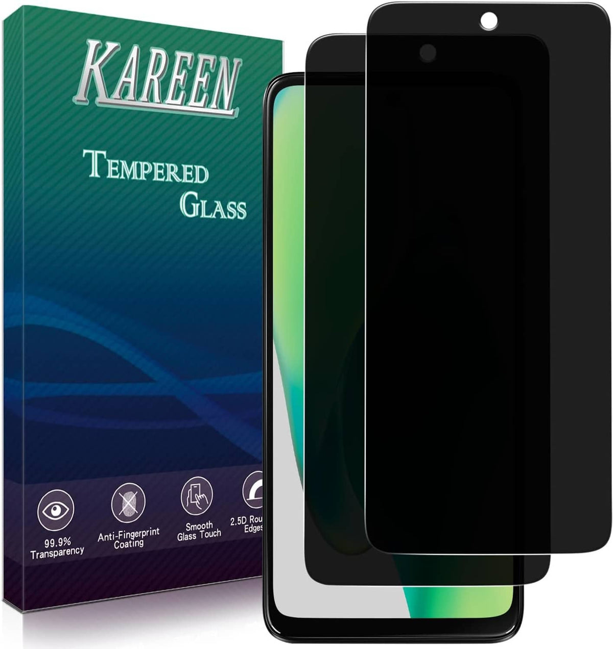 2-pack privacy tempered glass screen protectors with black films and KAREEN box