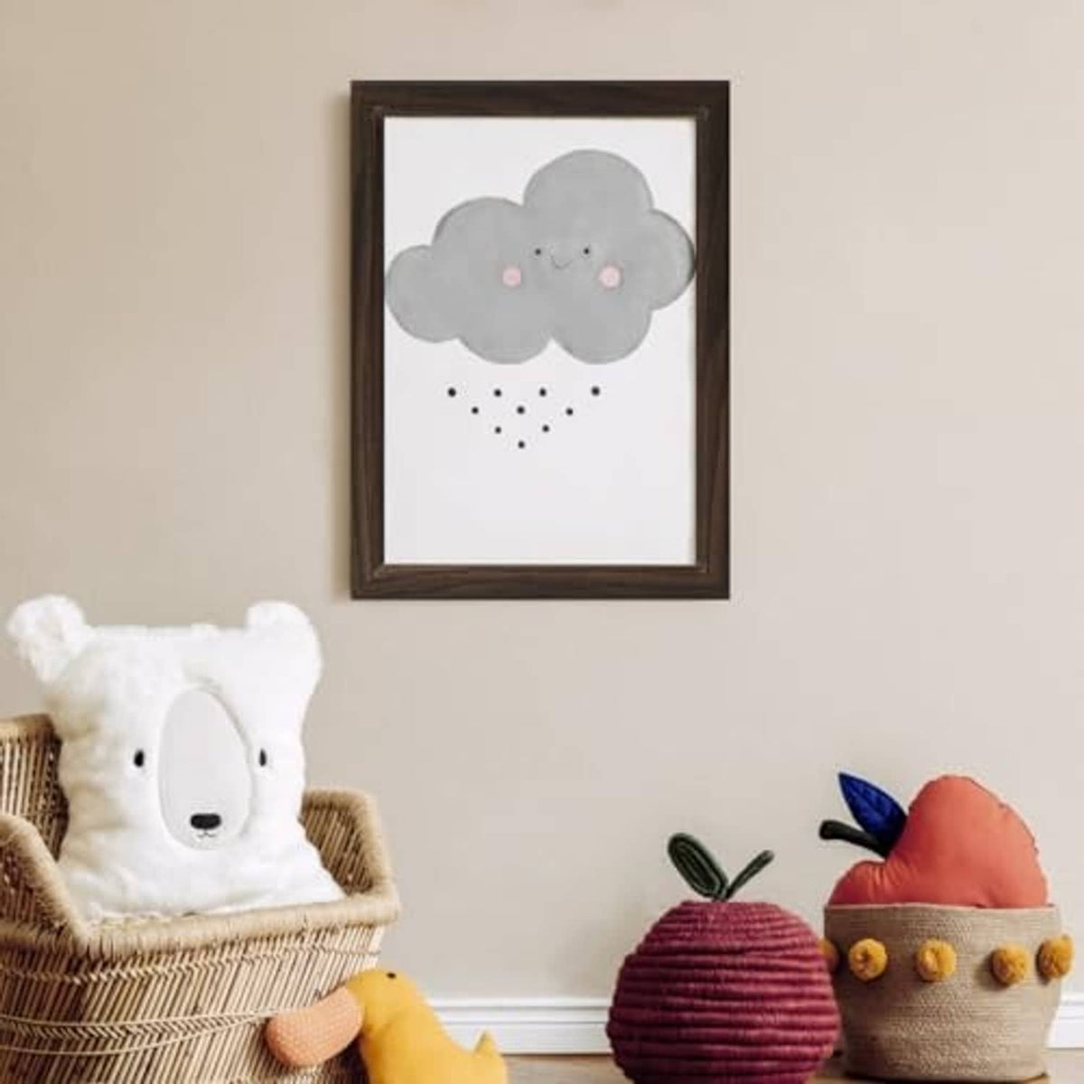 Dark walnut picture frame with cloud illustration, square art view, wall-ready