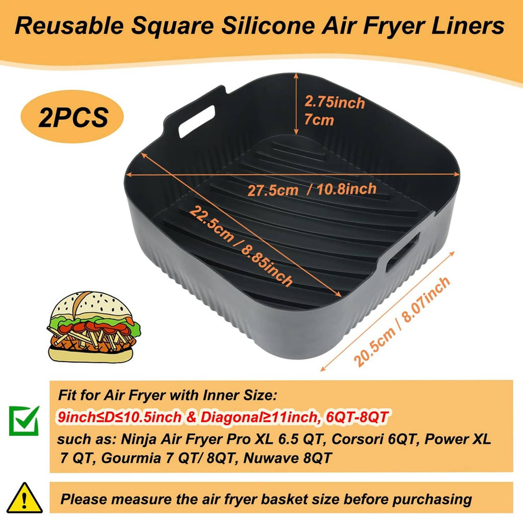 Black square silicone air fryer liner with raised ridges and side lift handle cutouts