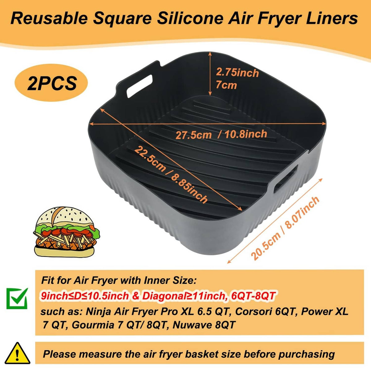 Black square silicone air fryer liner with raised ridges and side lift handle cutouts