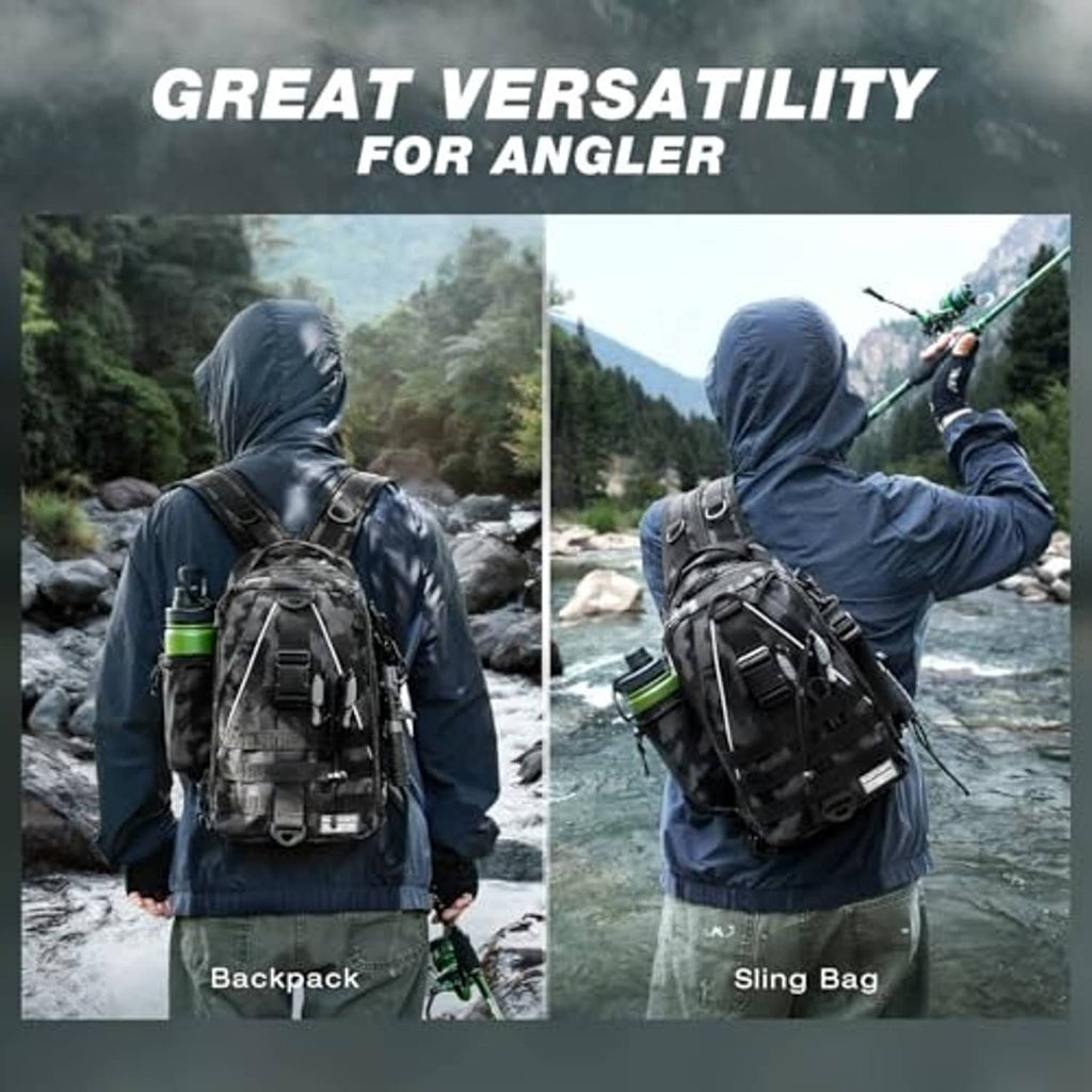 Black camouflage fishing backpack on angler, multi-pocket sling-style carry