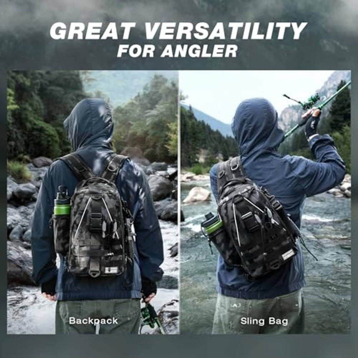 Black camouflage fishing backpack on angler, multi-pocket sling-style carry