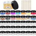 Set of small clear jars with black lids filled with multicolor craft glitter
