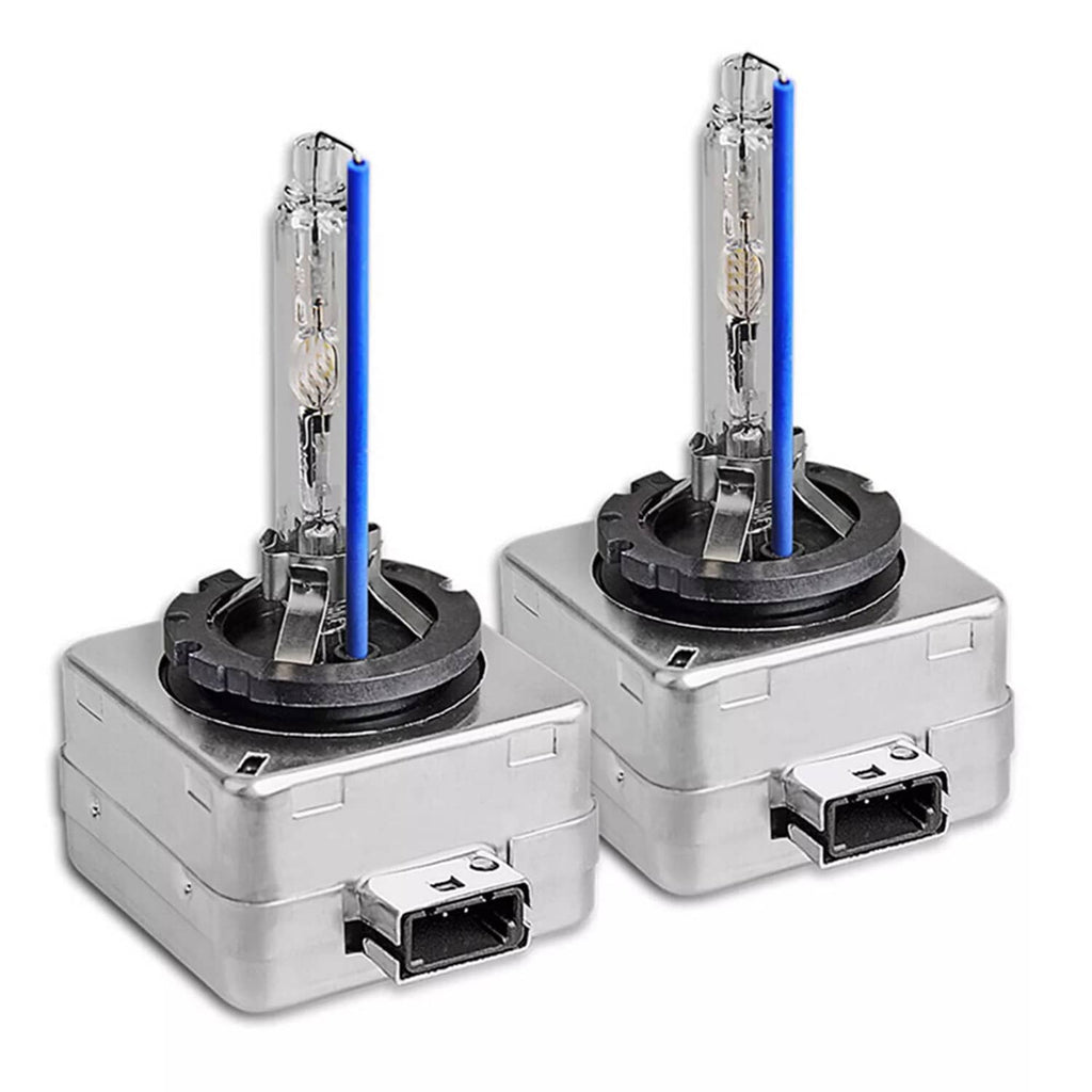 Pair of HID xenon headlight bulbs on black and silver mounting boxes, blue tubes