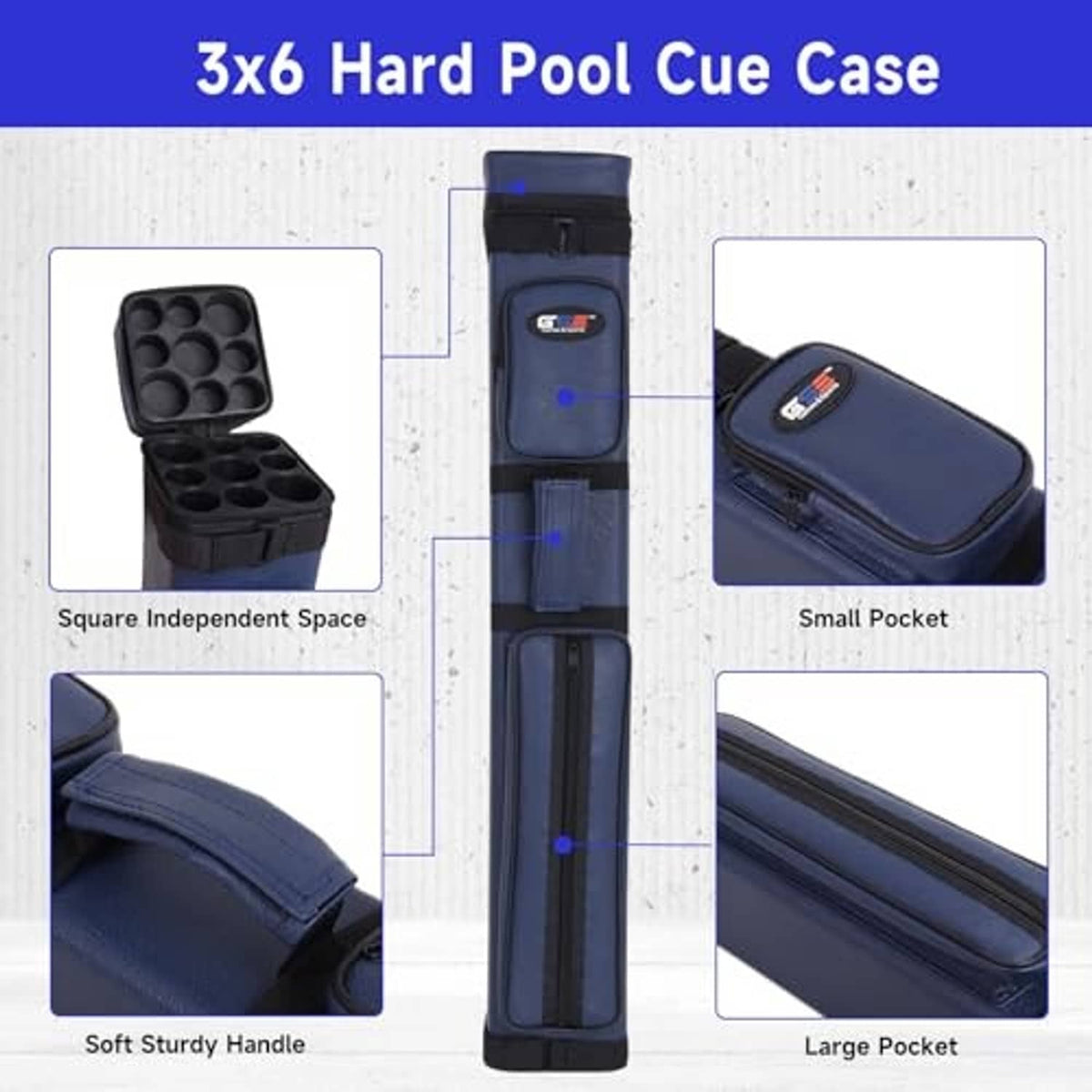 Blue 3-cue hard pool cue case with large pocket, small front pocket, and handle