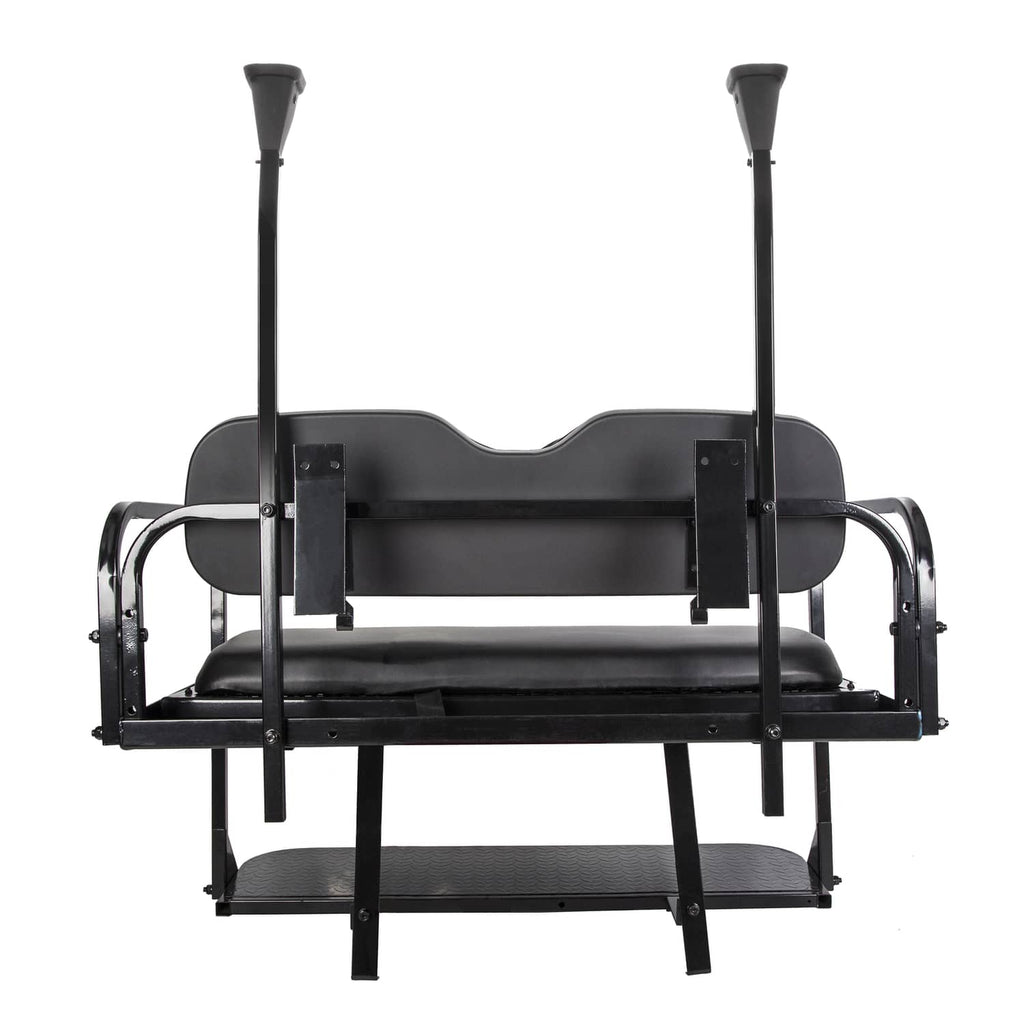 Black flip rear golf cart seat side view with two support posts and lower storage step