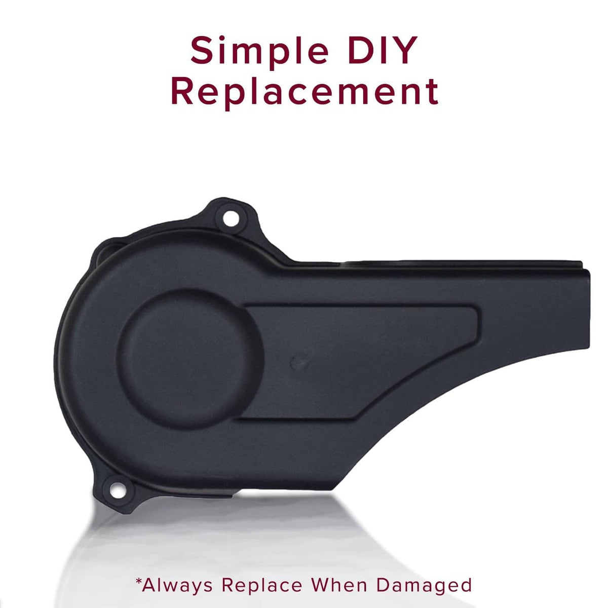 Black plastic clutch cover with large circular face and mounting holes, side outlet channel