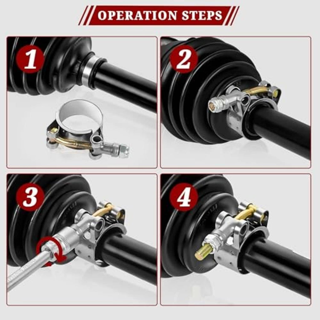 T-bolt hose clamps installed on black rubber hoses and boots, showing tightening steps