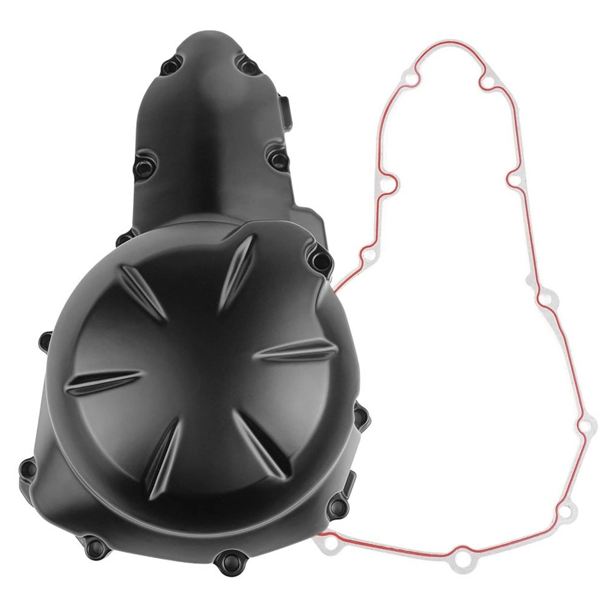 Black engine stator crankcase cover with red gasket set, angled view with rounded housing.