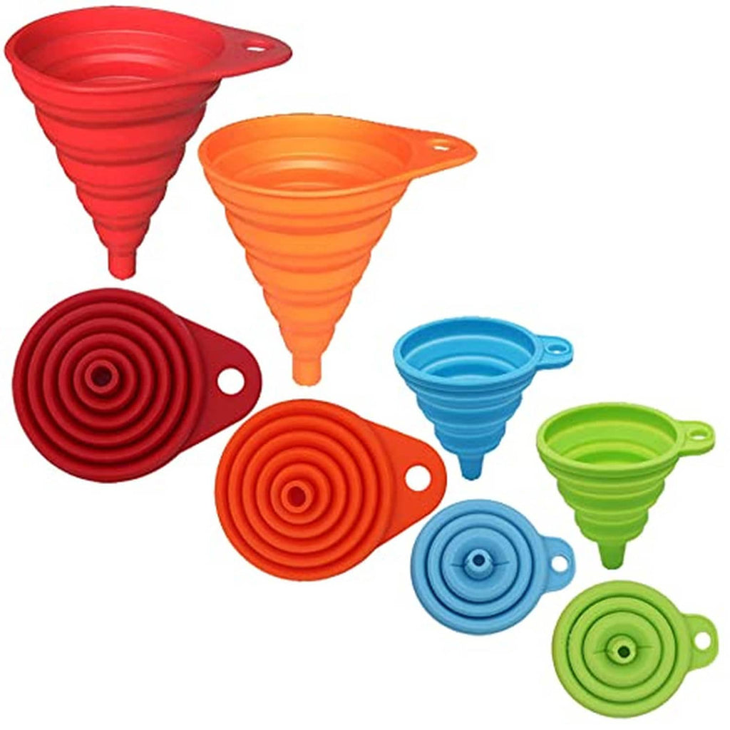 Foldable silicone kitchen funnel set with red, orange, blue, and green funnels and coiled caps