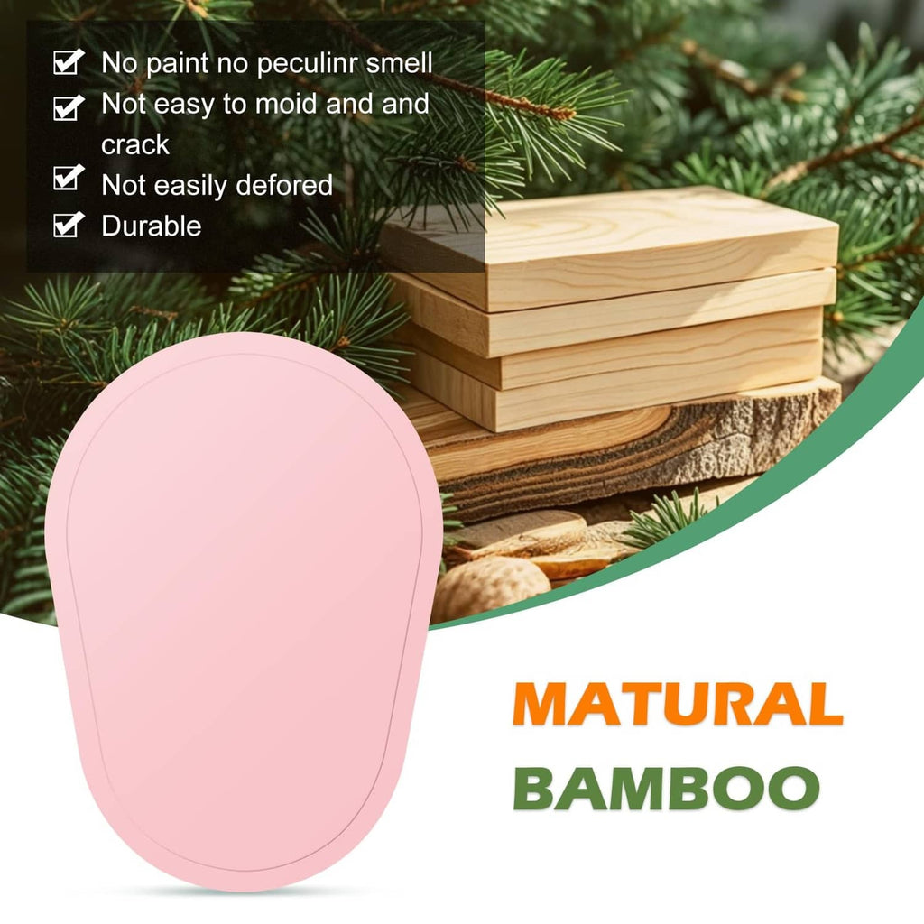 Pink oval mixer slider pad on natural bamboo packaging