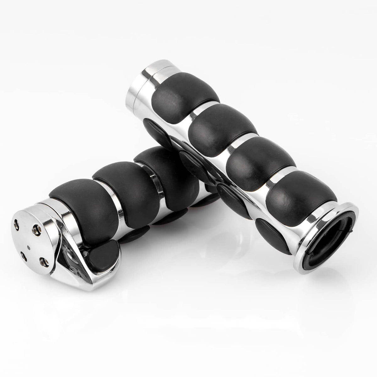 Pair of motorcycle handlebar grips with black rubber pads and chrome end sleeves