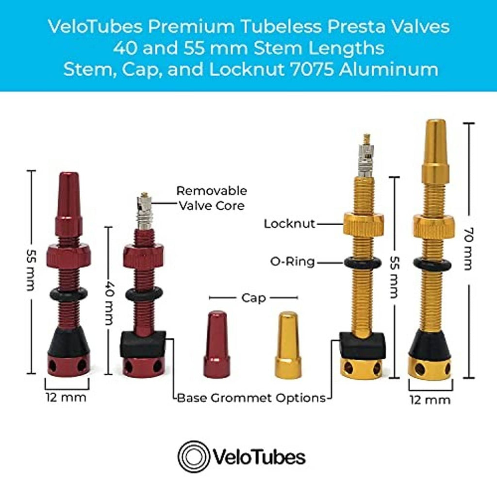 40/55mm tubeless Presta valve parts diagram with caps, locknuts, and O-rings
