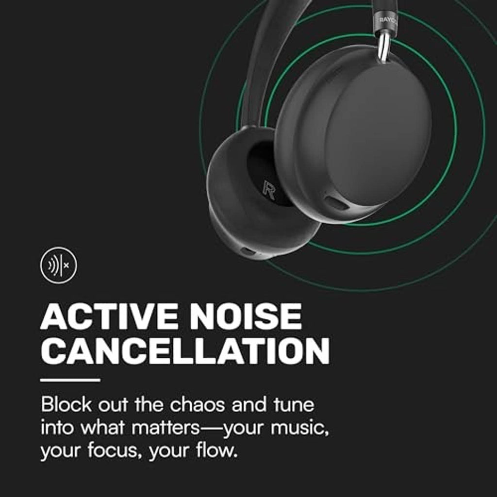 Black over-ear Bluetooth headphones close-up with green soundwave graphics