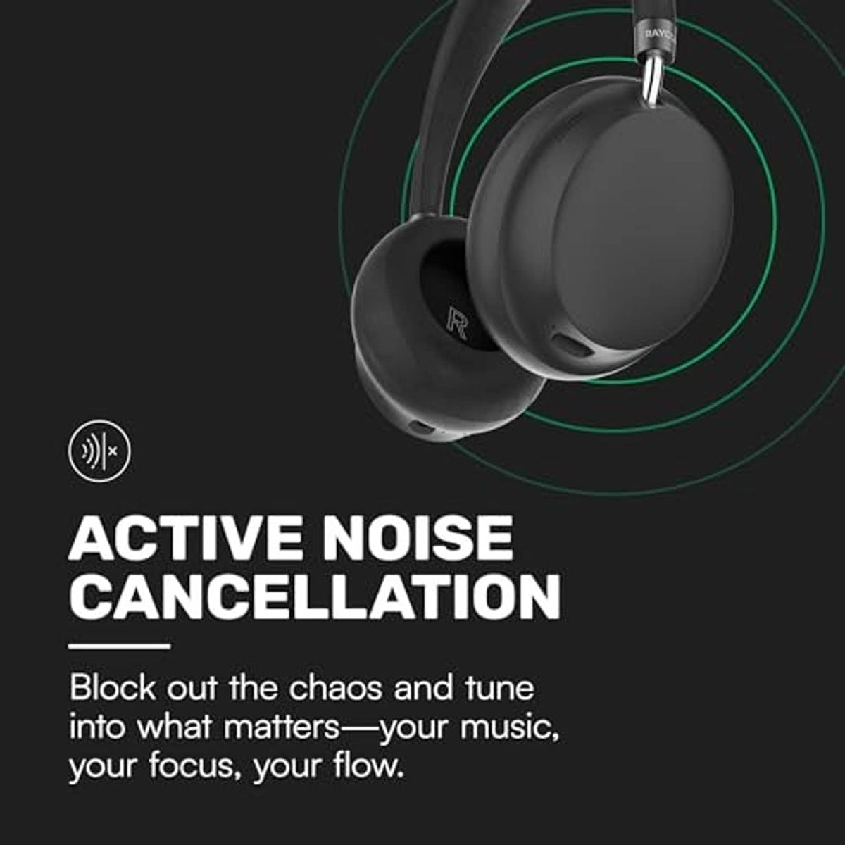 Black over-ear Bluetooth headphones close-up with green soundwave graphics