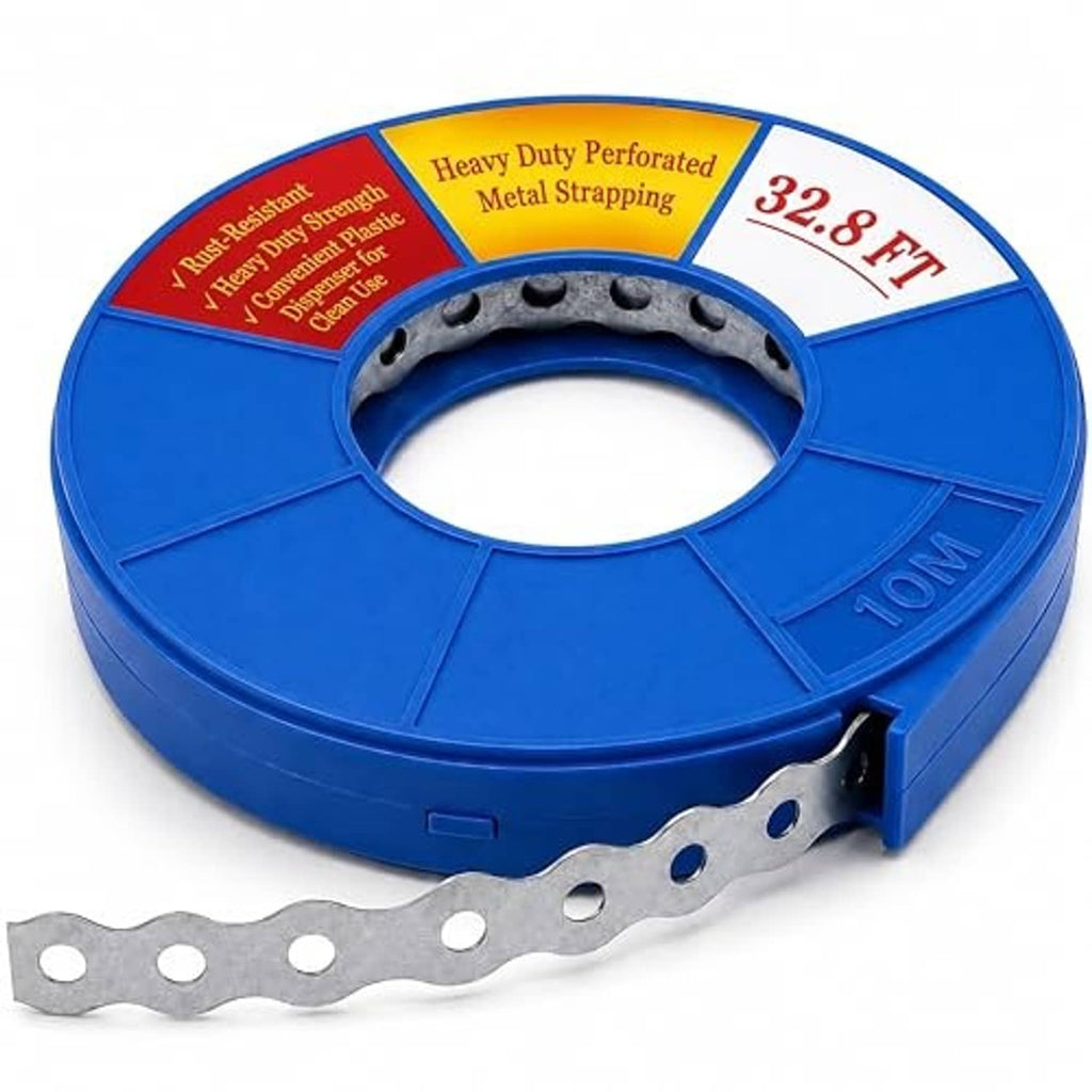 Perforated pipe support strap unspooled from blue coil reel, 32.8 ft