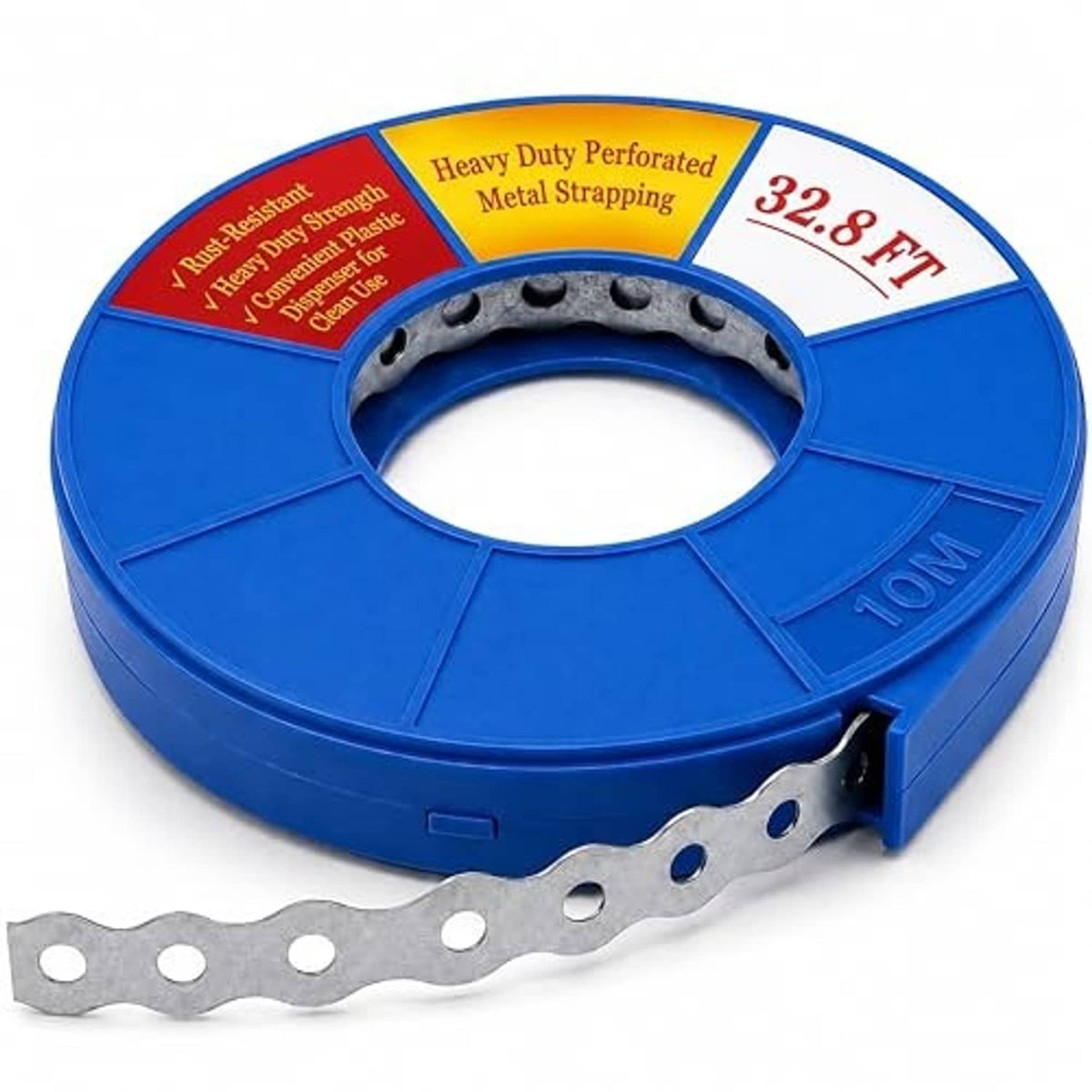 Perforated pipe support strap unspooled from blue coil reel, 32.8 ft