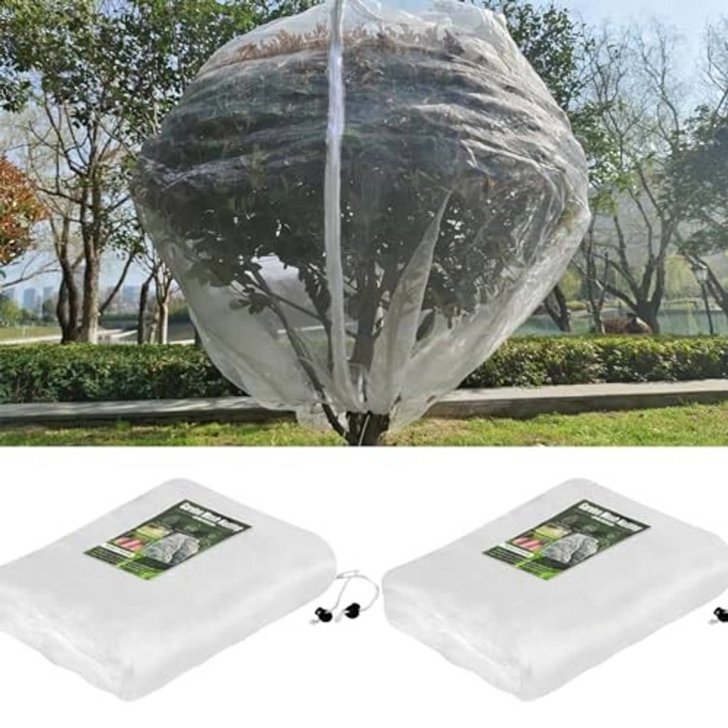Fruit tree netting bags (2-pack), white mesh covers with zipper, shown folded for storage