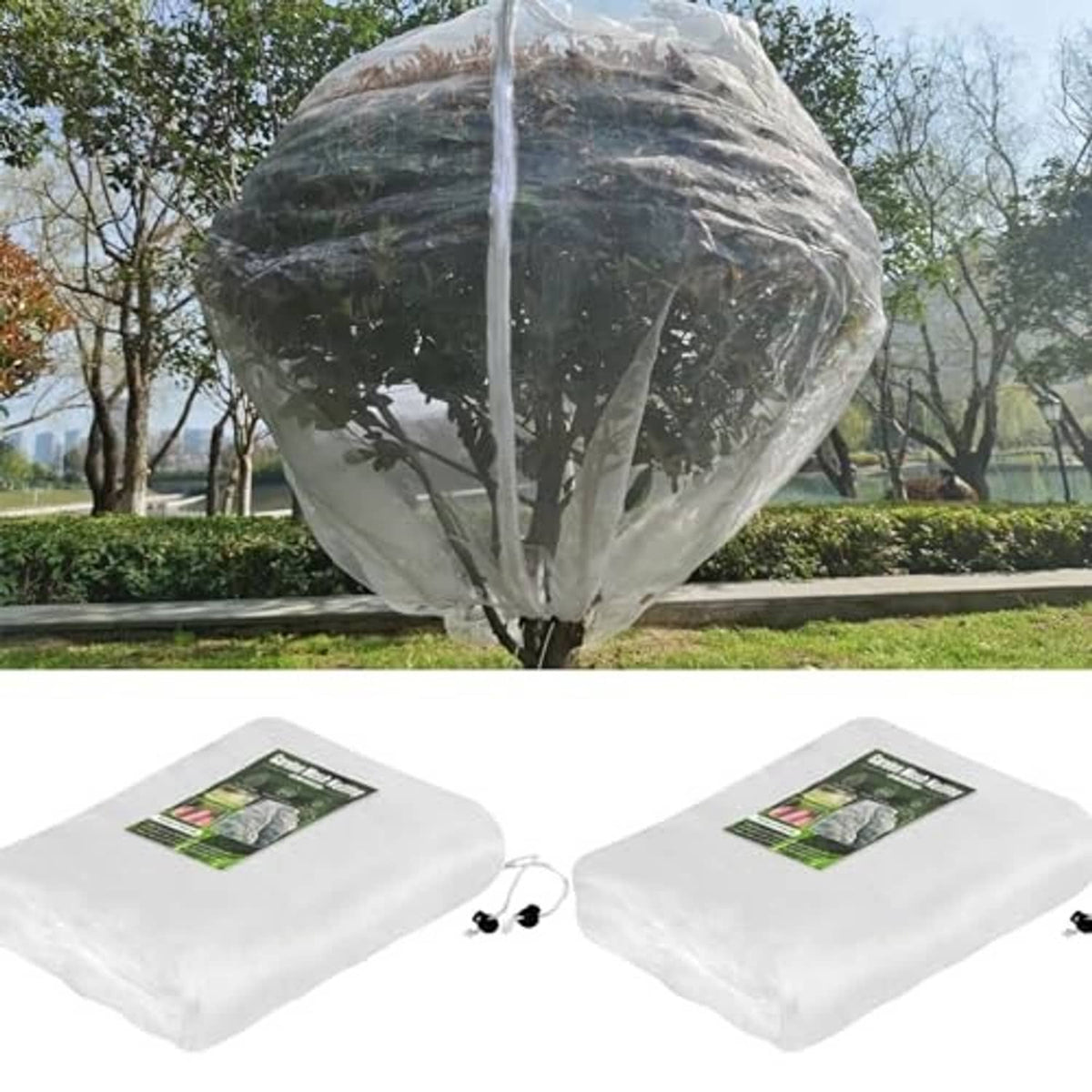 Fruit tree netting bags (2-pack), white mesh covers with zipper, shown folded for storage