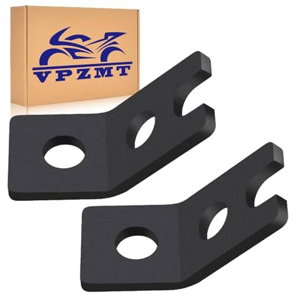 Black metal mounting bracket pair with cutouts, circular holes, and curved bar arms
