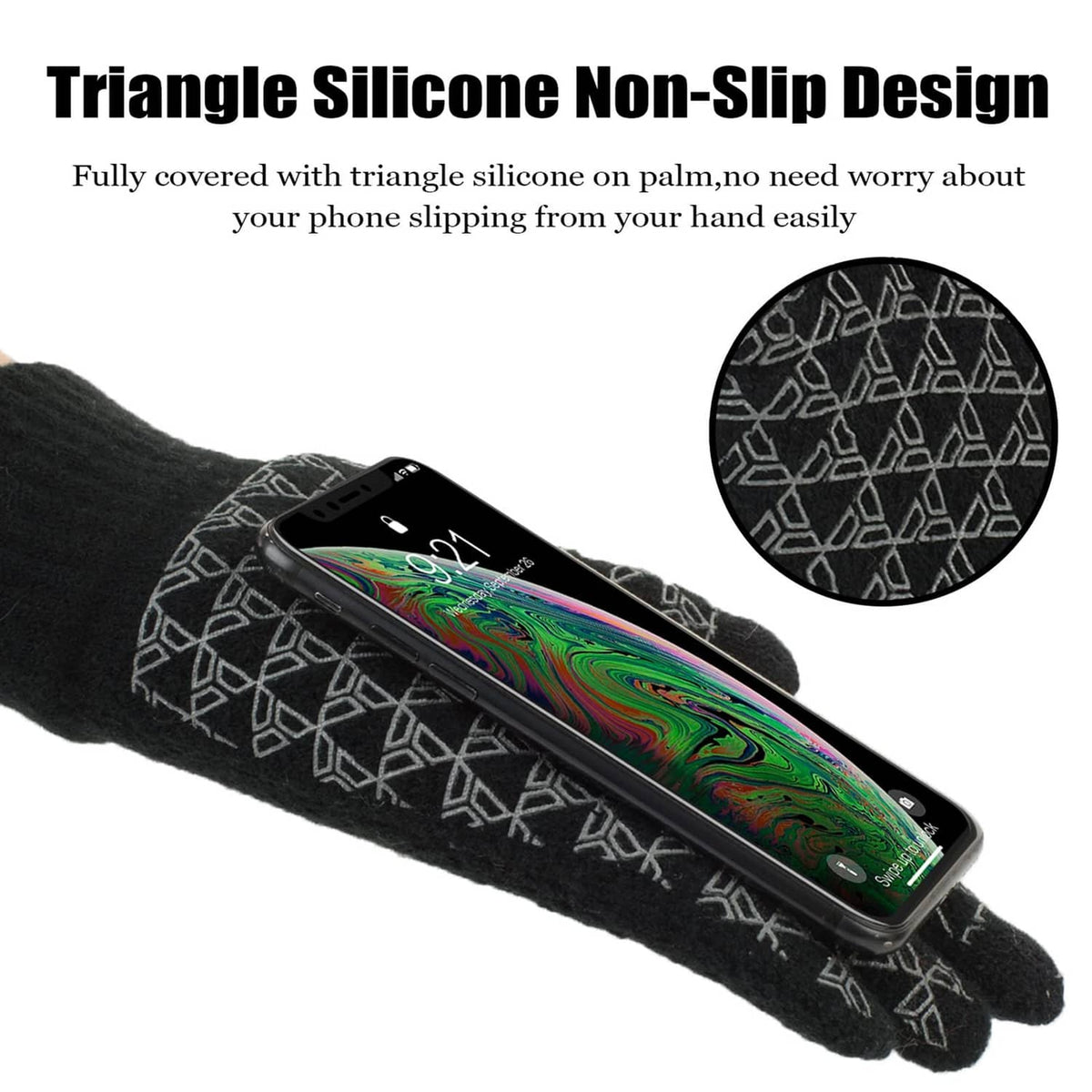 Black touchscreen gloves with allover geometric grip pattern on palm area