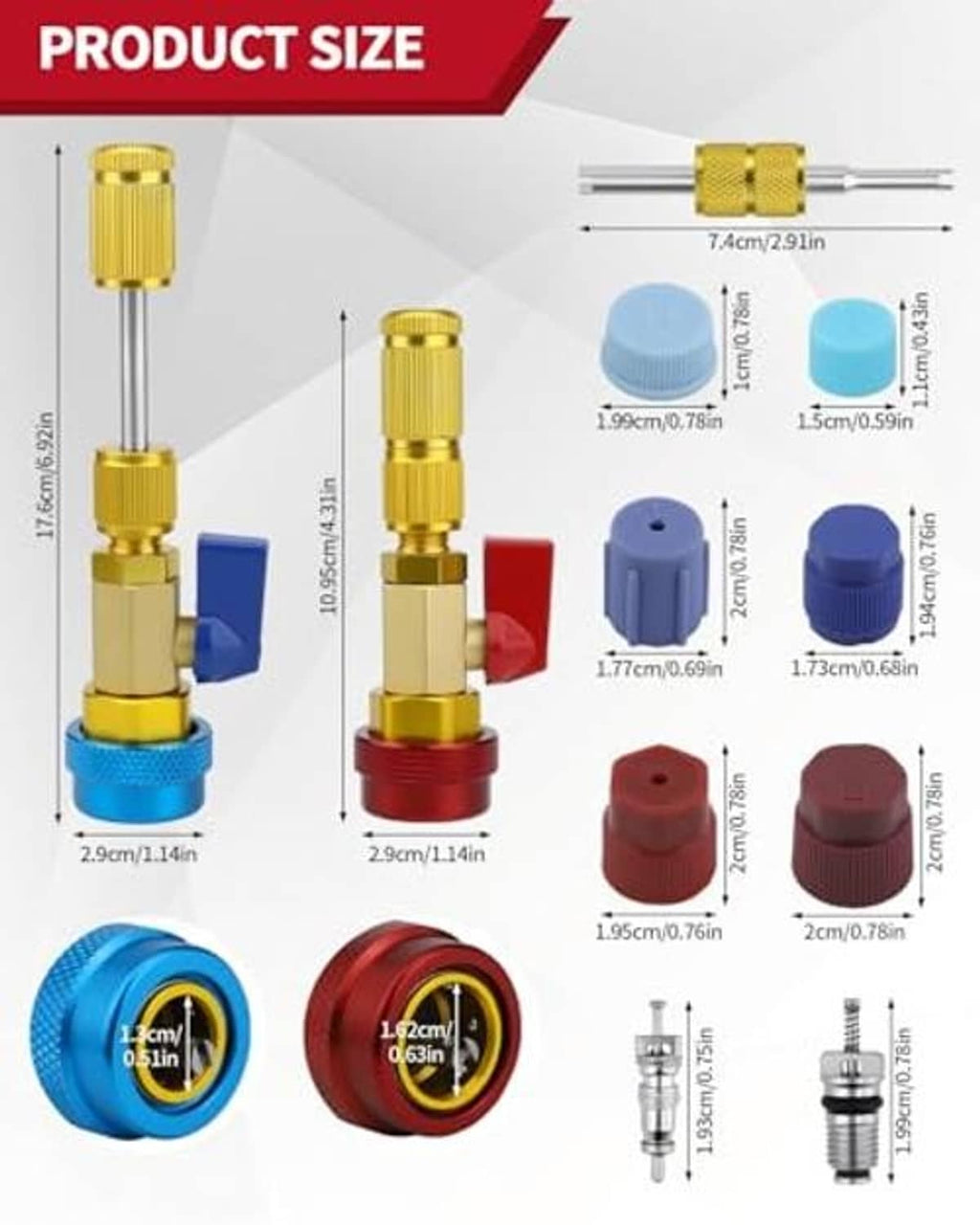 AC valve core remover tool set with gold connector and assorted blue, red, and brown caps