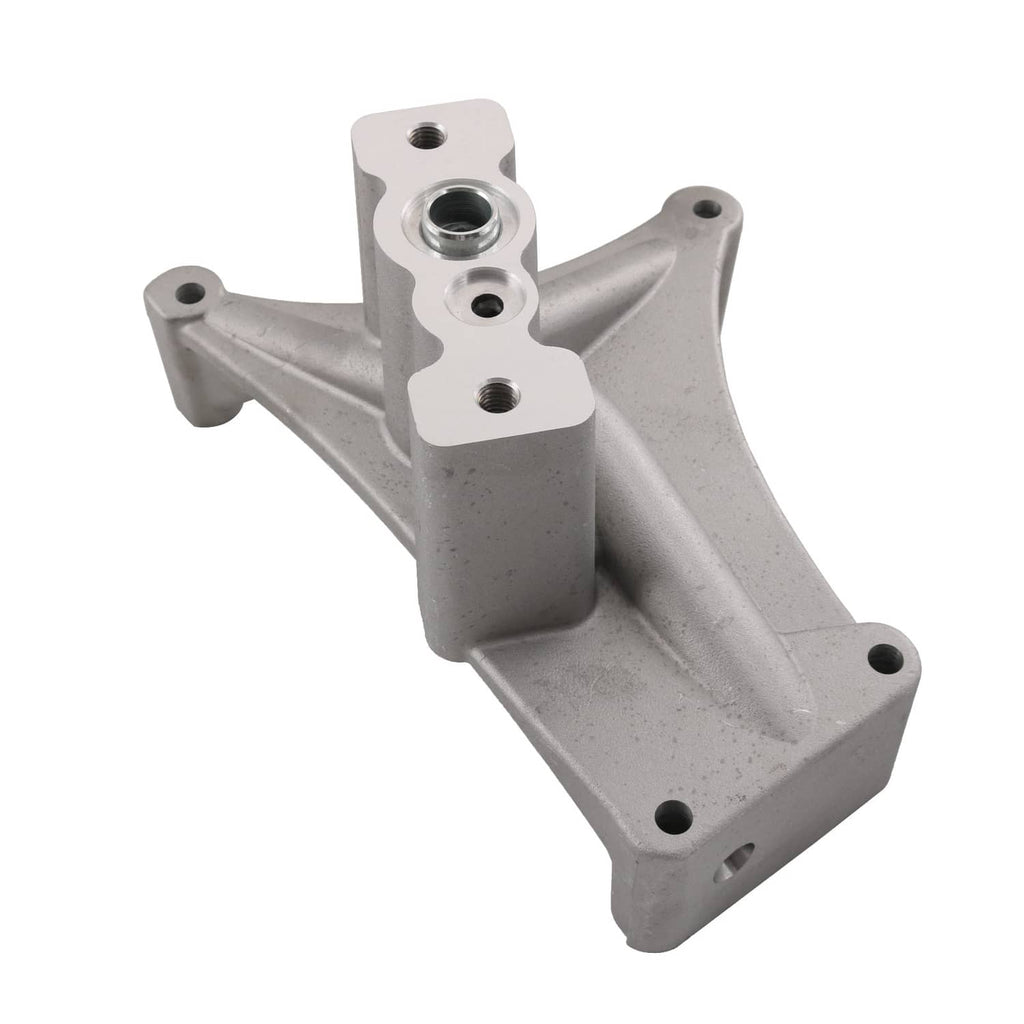 Turbo exhaust housing pedestal with round inlet and mounting bolt holes, silver finish