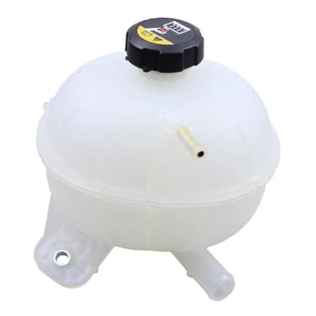 Engine coolant reservoir tank with cap, translucent white housing with black cap and vent spout