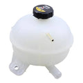 Engine coolant reservoir tank with cap, translucent white housing with black cap and vent spout