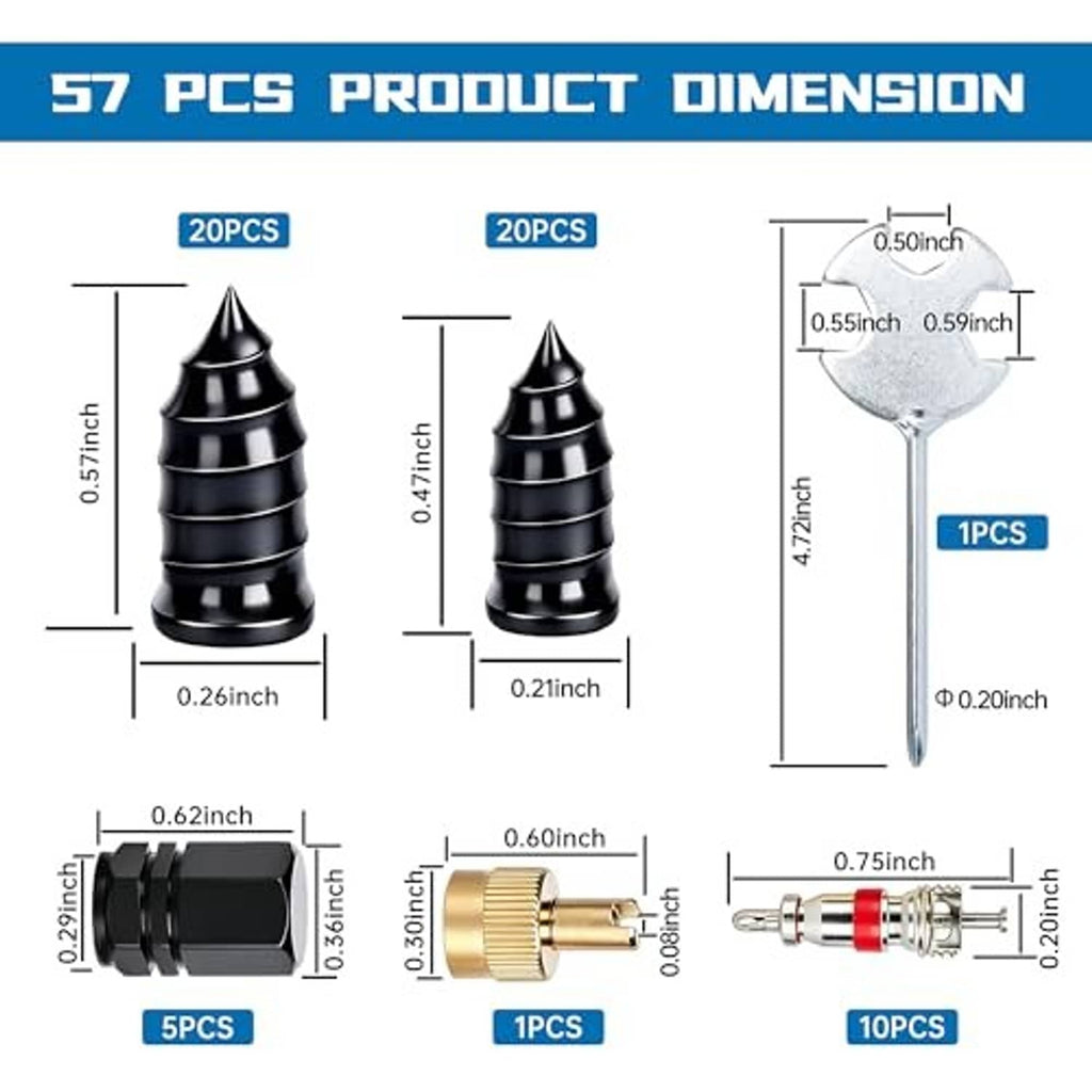 Tire plug screw kit size diagram showing plug nails and insertion tool measurements