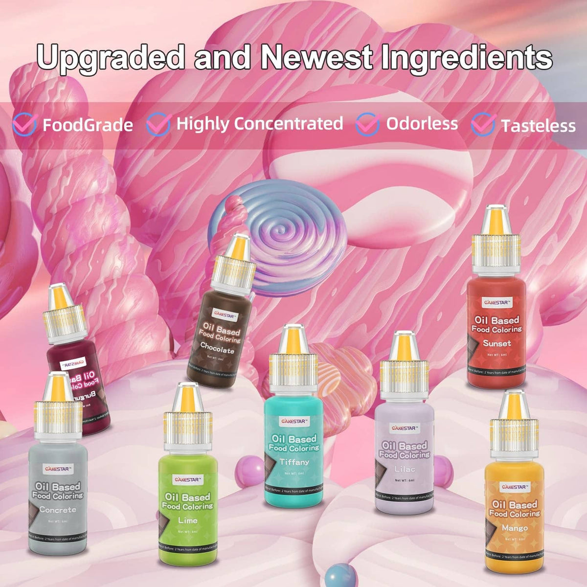 Oil-based food coloring bottle set with several capped droppers arranged among pastel swirls
