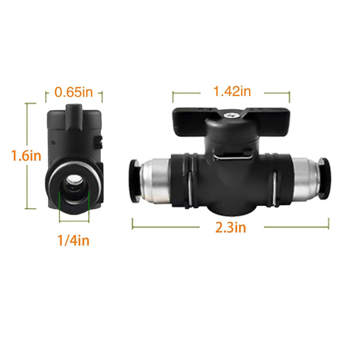 1/4 push-connect pneumatic ball valve with size diagram and 1/4in connection