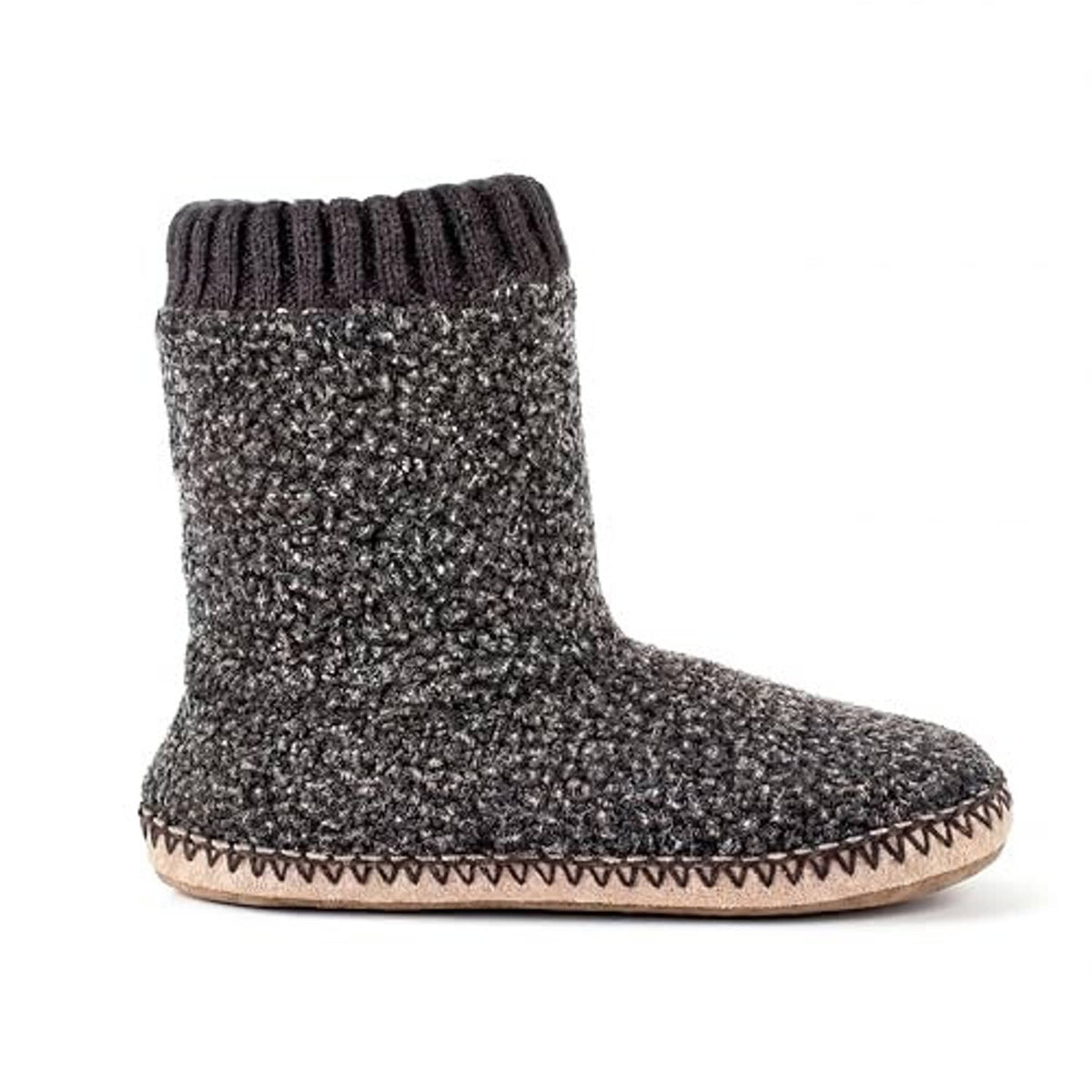 Grey fuzzy boot slipper with ribbed cuff and tan stitched sole, side view