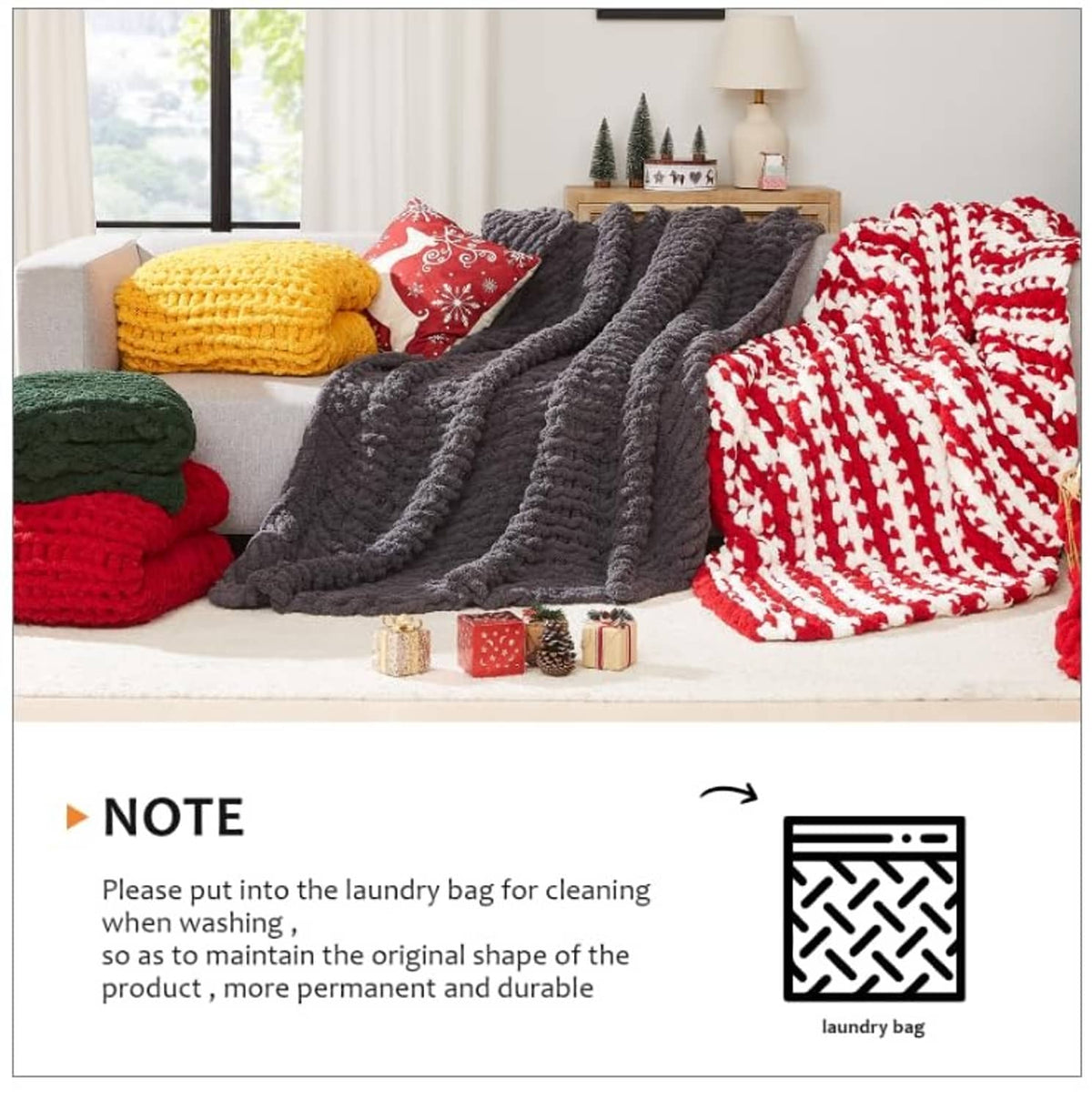 Chunky knit throw blankets in red, gray, and yellow colors, folded on sofa