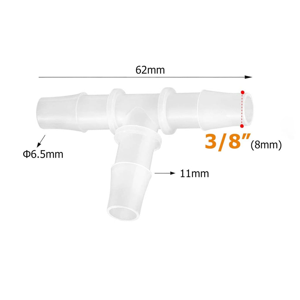 White 3-way hose barb tee fitting, 3/8 in (8mm) barb size