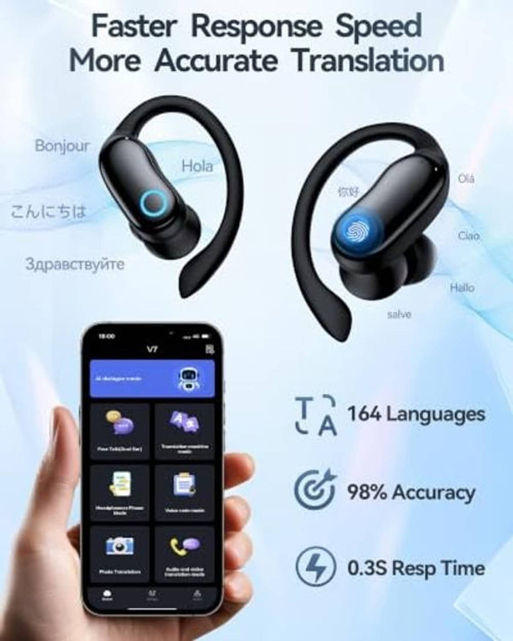 Black wireless earbuds with blue LED, smartphone translation screen and accuracy stats.