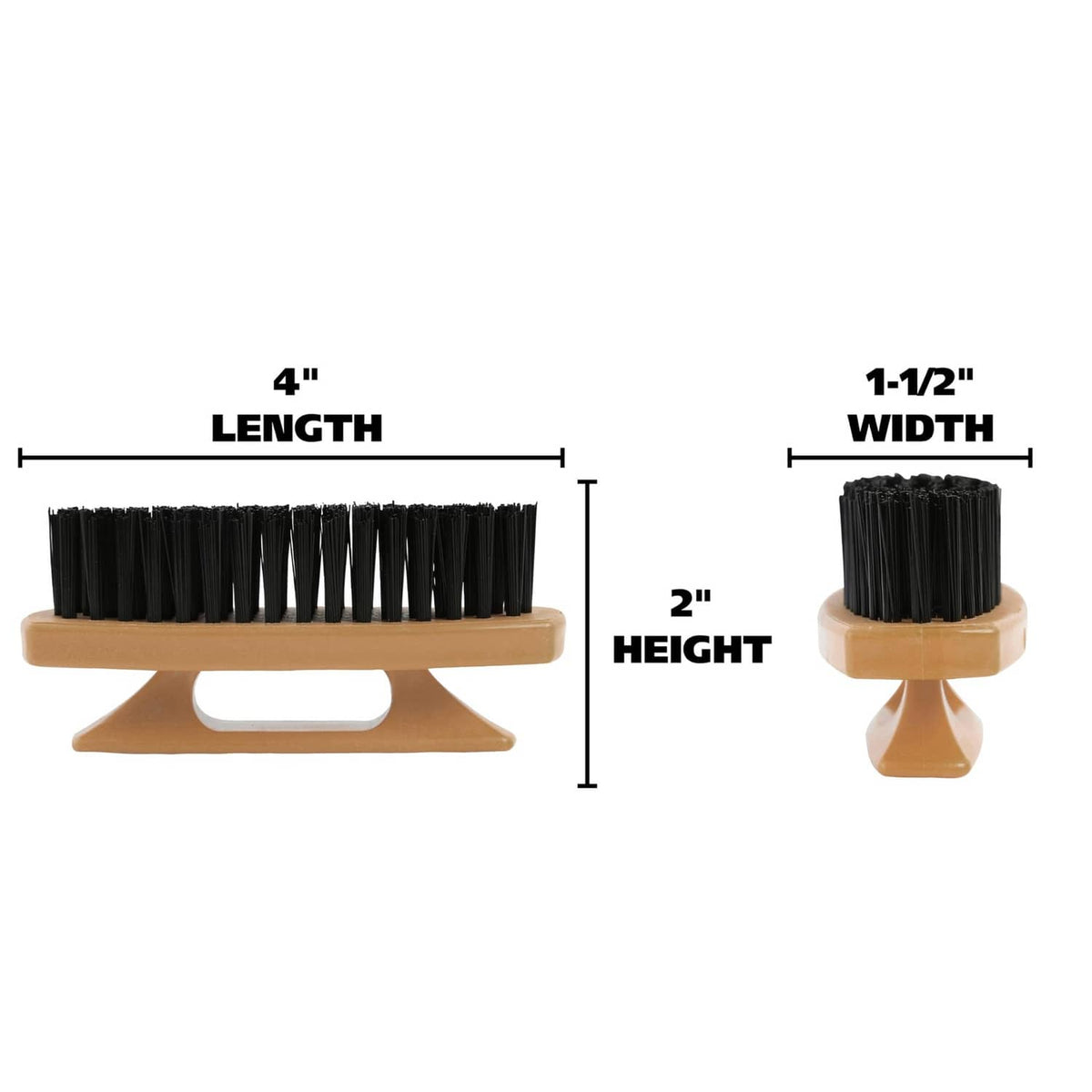 Compact nail brush with tan handle, black bristle head, 4 in length