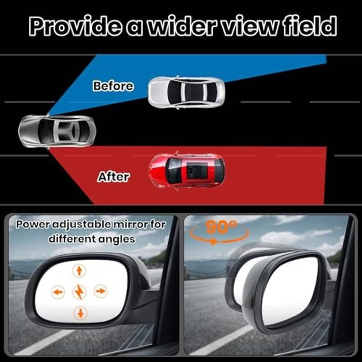 Left driver-side black side mirror with tinted glass and adjustment controls