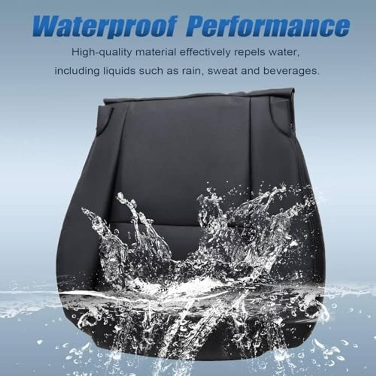 Black waterproof performance seat bottom cover shown with splash pattern