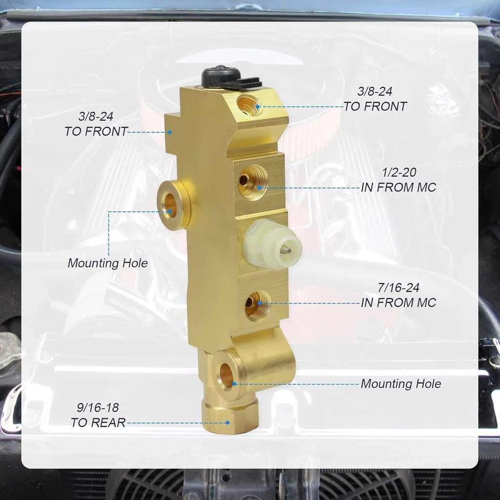 Brass brake proportioning valve showing mounting holes and multi-port connections
